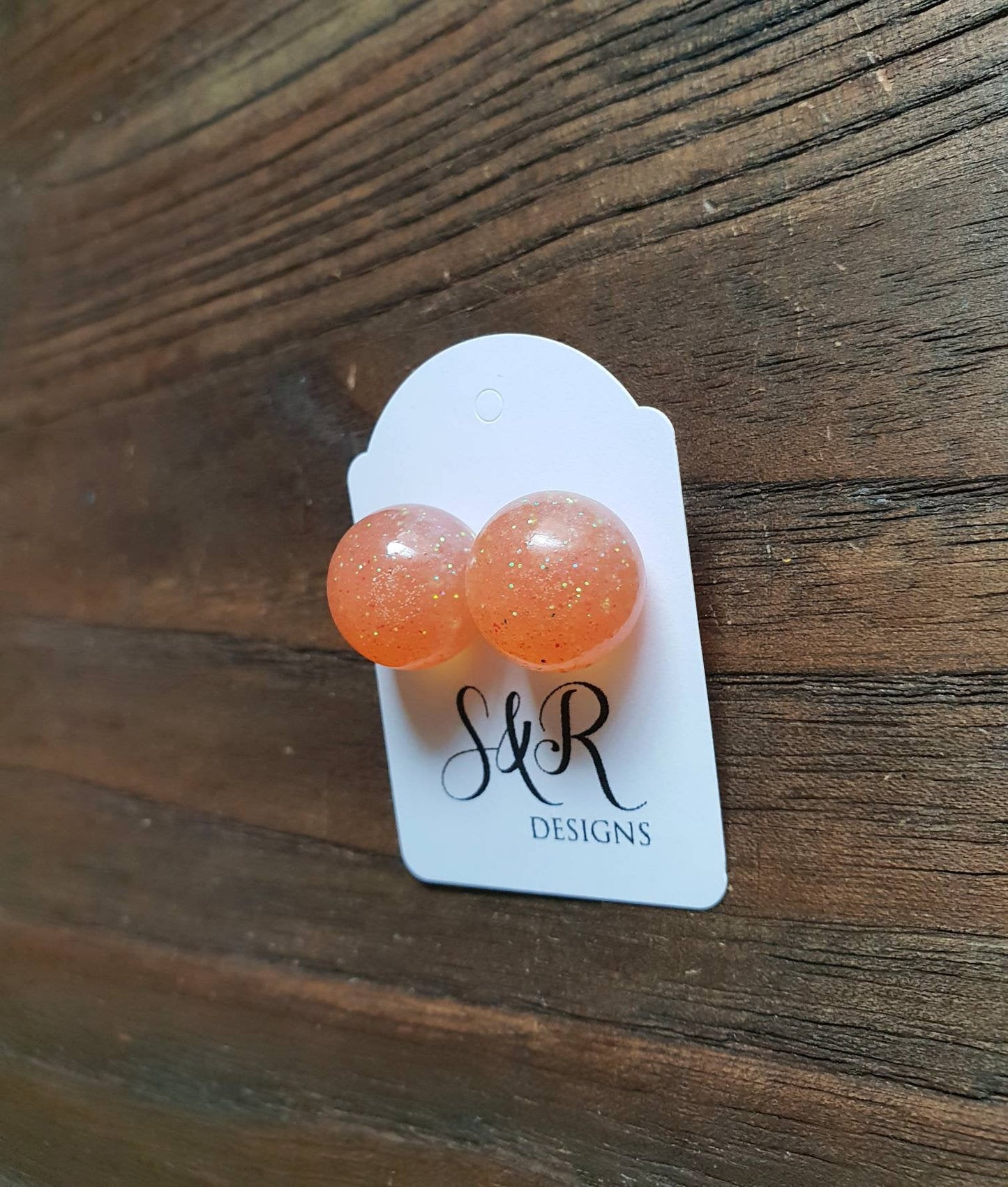 Resin Ball Stud earrings Light Orange Glitter Mix Earrings, stainless steel earrings 14mm