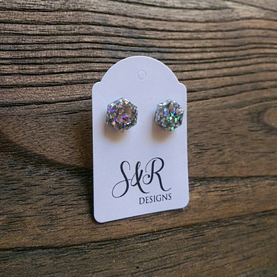 Hexagon Stud Earring, Resin Silver holographic Mix Stud Glitter Earrings. Stainless Steel Stud Earrings. 10mm or Mini Earrings 6mm