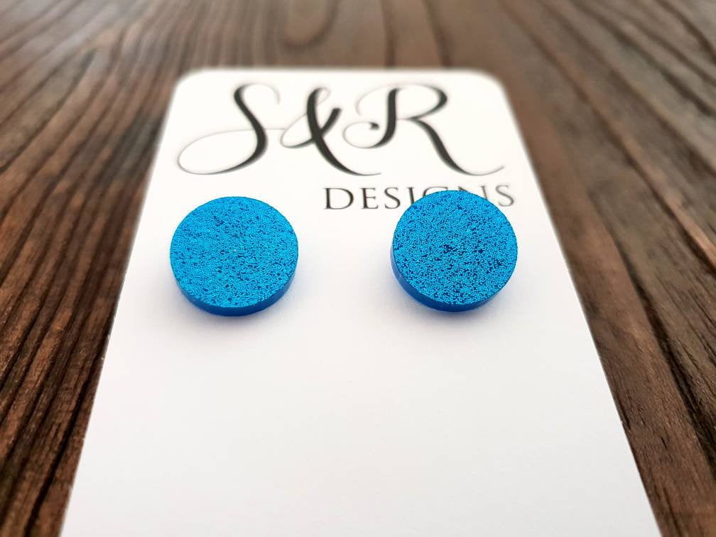 Blue Glitter Circle Stud Earrings, Acrylic Earrings, Stainless Steel Earrings.