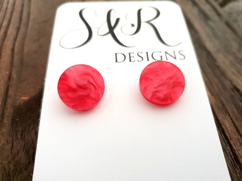 Pink Pearl Marble Circle Stud Earrings, Acrylic Earrings, Stainless Steel Earrings.