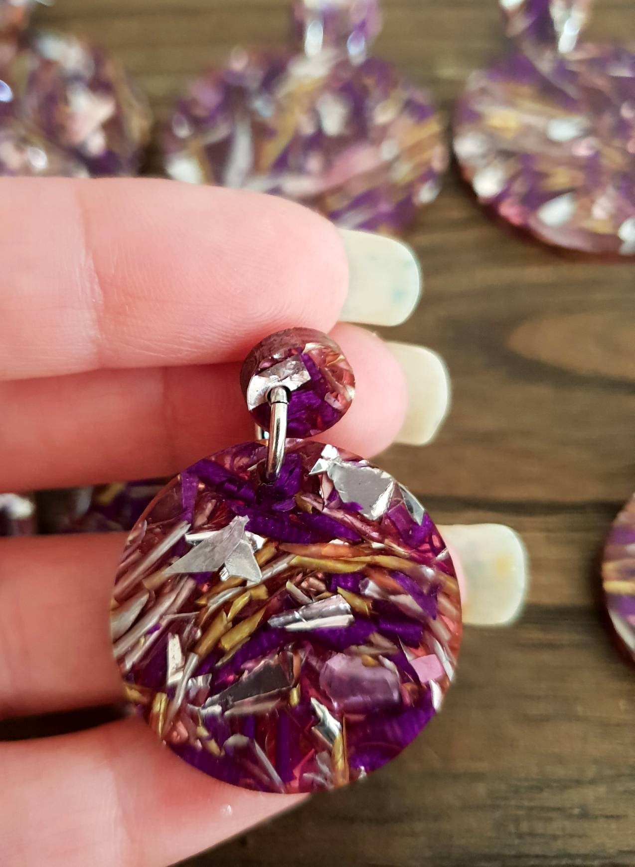 Statement Circle Long Earrings, Purple Silver Gold Leaf Mix Earrings, Acrylic Earrings, Stainless Steel Earrings. Choose from 6 sizes