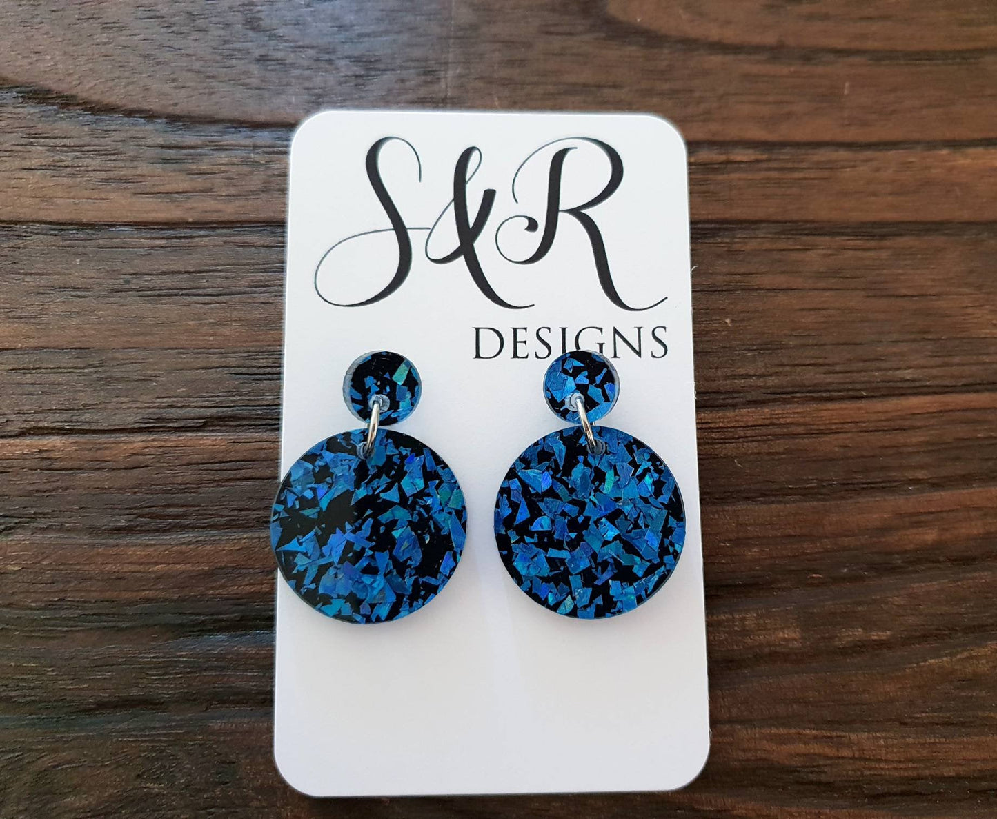 Statement Circle Long Earrings, Blue Shards Black Mix Earrings, Acrylic Earrings, Stainless Steel Earrings. Choose from 6 sizes
