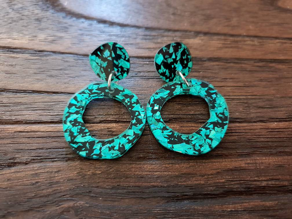 Statement Asymmetric Organic Circle Emerald Black Acrylic Dangle Earrings