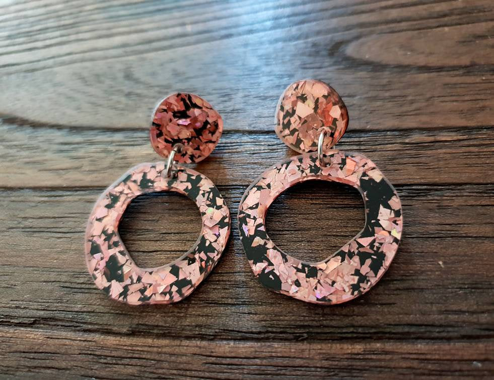 Statement Asymmetric Organic Circle Rose Gold Black Acrylic Dangle Earrings