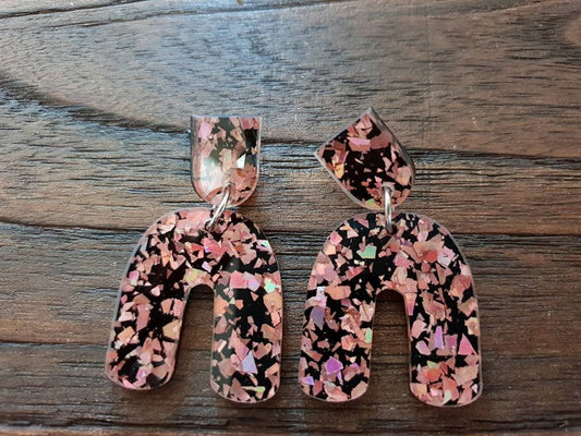 Rose Gold Black Acrylic U Dangle Statement Earrings