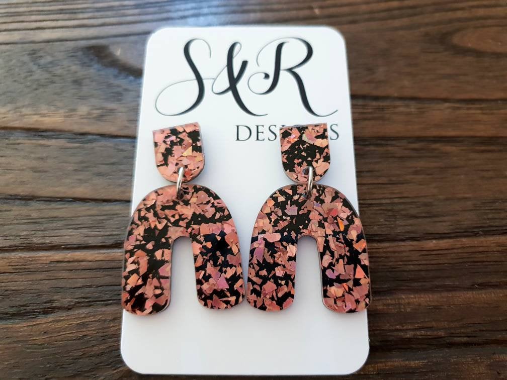 Rose Gold Black Acrylic U Dangle Statement Earrings