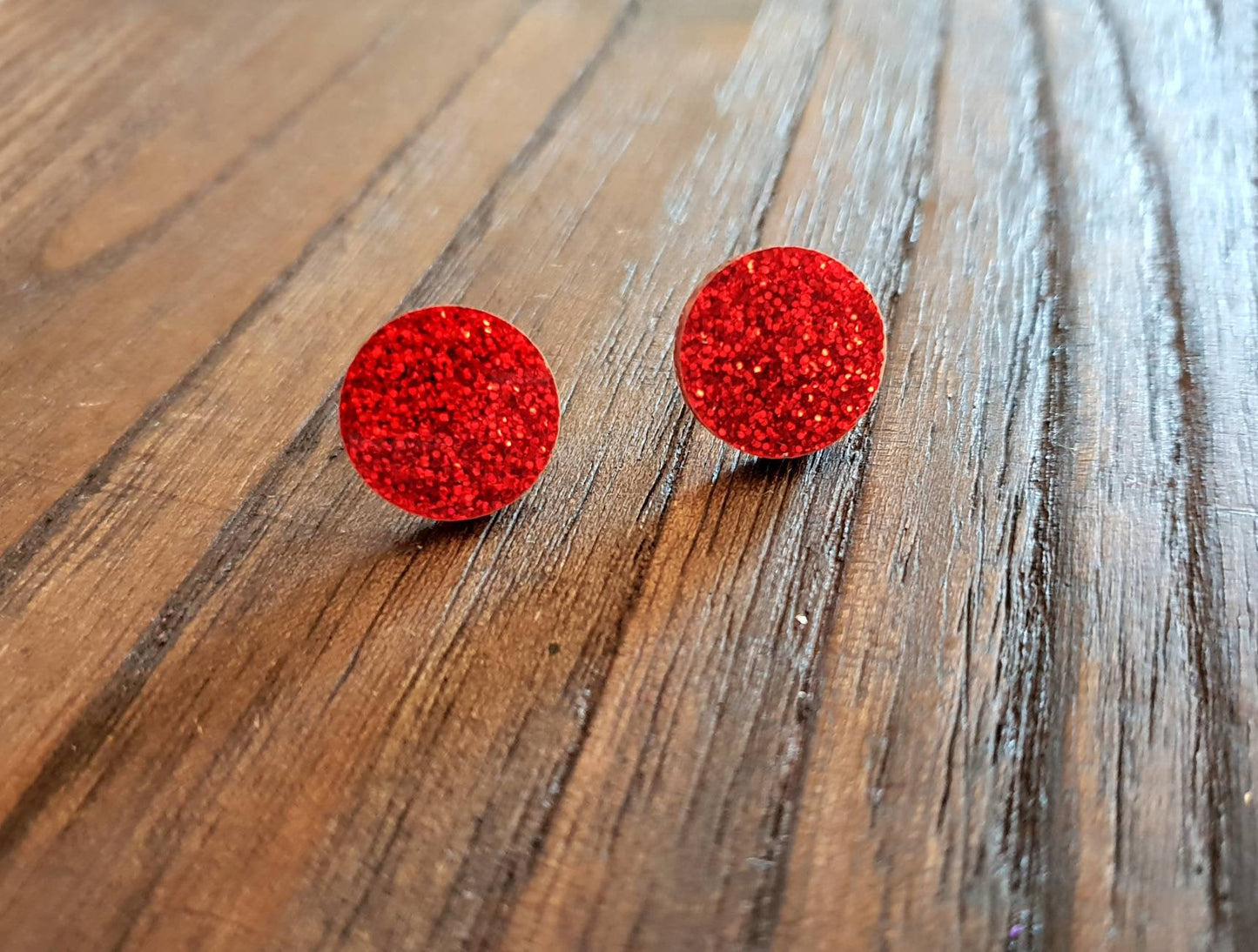 Red Glitter Circle Stud Earrings, Acrylic Earrings, Stainless Steel Earrings.