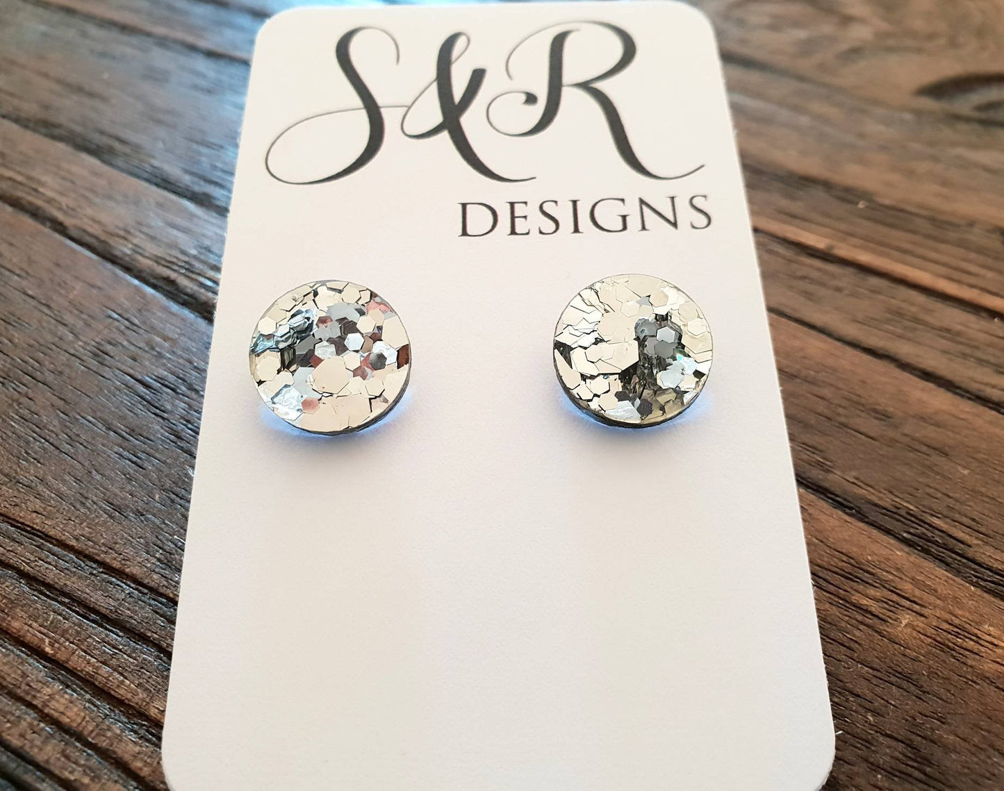 Silver Chunky Glitter Circle Stud Earrings, Acrylic Earrings, Stainless Steel Earrings.