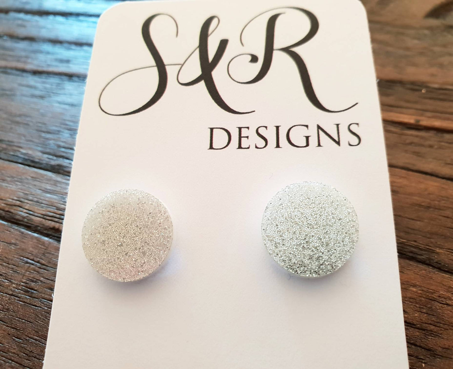 Silver Glitter Circle Stud Earrings, Acrylic Earrings, Stainless Steel Earrings.