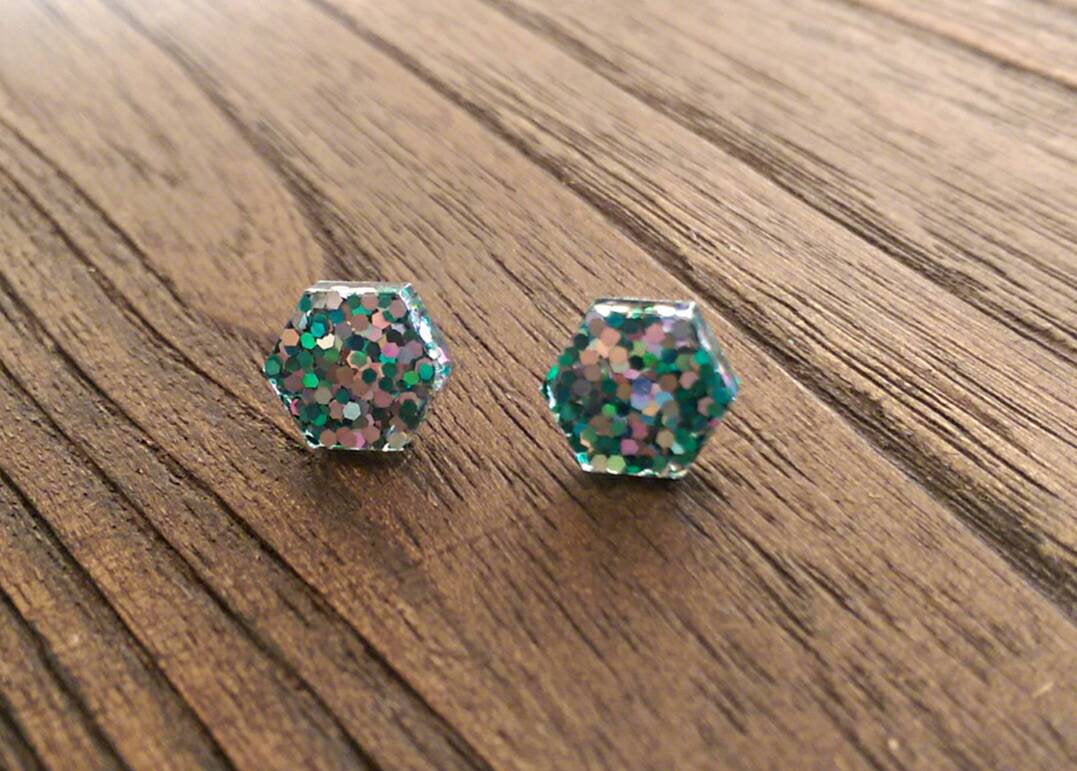 Hexagon Resin Stud Earrings, Holographic Silver and Green Earrings. Stainless Steel Stud Earrings. 10mm or 6mm