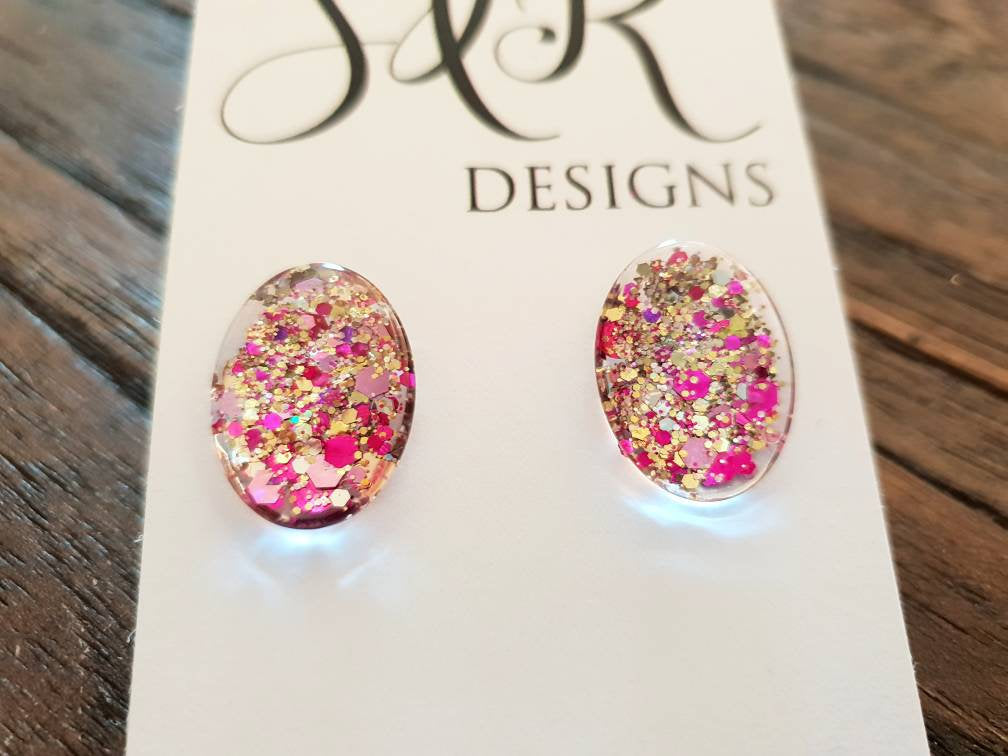 Oval Glass Glitter Resin Stud Earrings made of Stainless Steel, Gold Pink Glitter Earrings