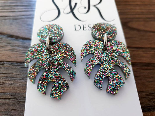 Large Monstera Leaf Earrings,  Rainbow Glitter Acrylic Dangle Statement Earrings