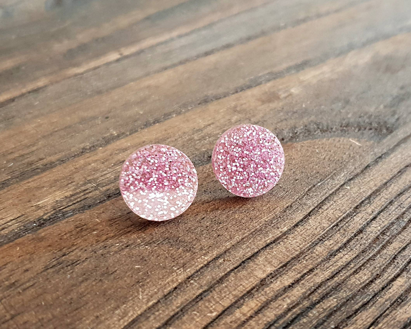 Pink Glitter Circle Stud Earrings, Acrylic Earrings, Stainless Steel Earrings.