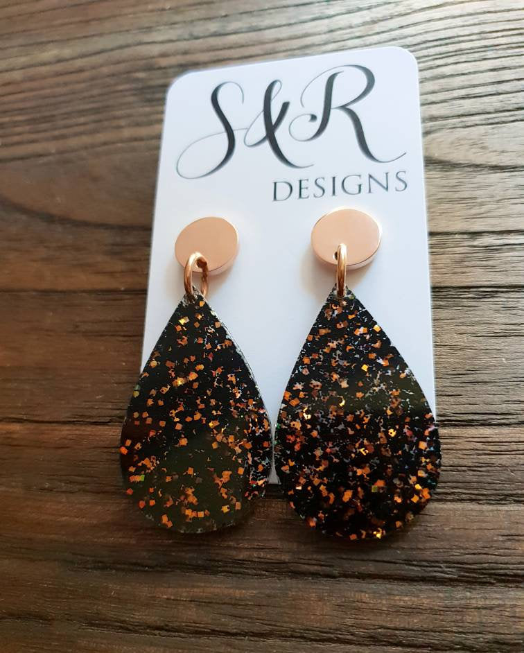 Teardrops Resin Long Rose Gold Earrings, Black Rose Gold Glitter Resin Earrings, Stainless Steel Earrings, Statement Earrings
