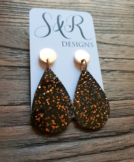 Teardrops Resin Long Rose Gold Earrings, Black Rose Gold Glitter Resin Earrings, Stainless Steel Earrings, Statement Earrings