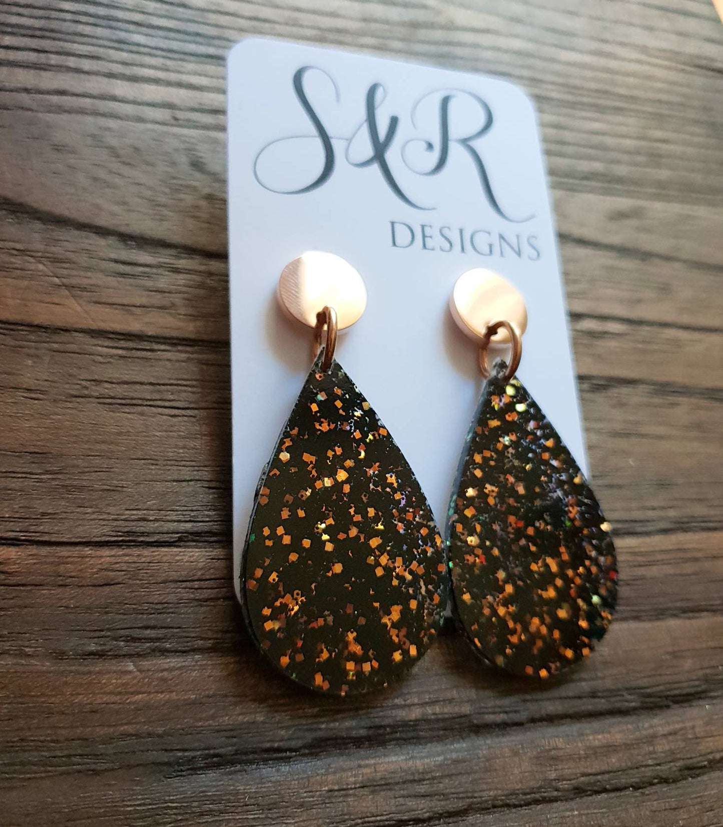 Teardrops Resin Long Rose Gold Earrings, Black Rose Gold Glitter Resin Earrings, Stainless Steel Earrings, Statement Earrings