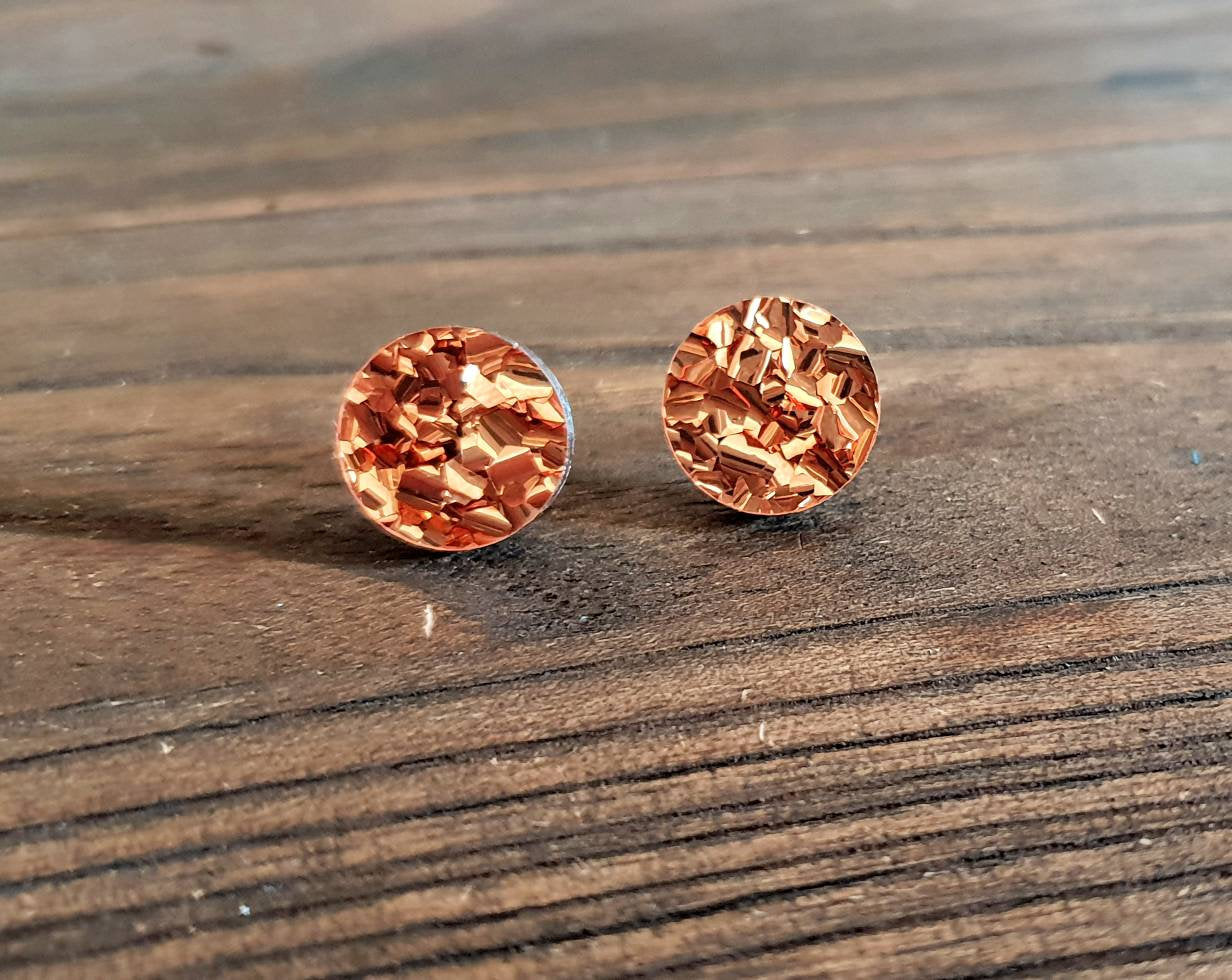 Copper Chunky Glitter Circle Stud Earrings, Acrylic Earrings, Stainless Steel Earrings.