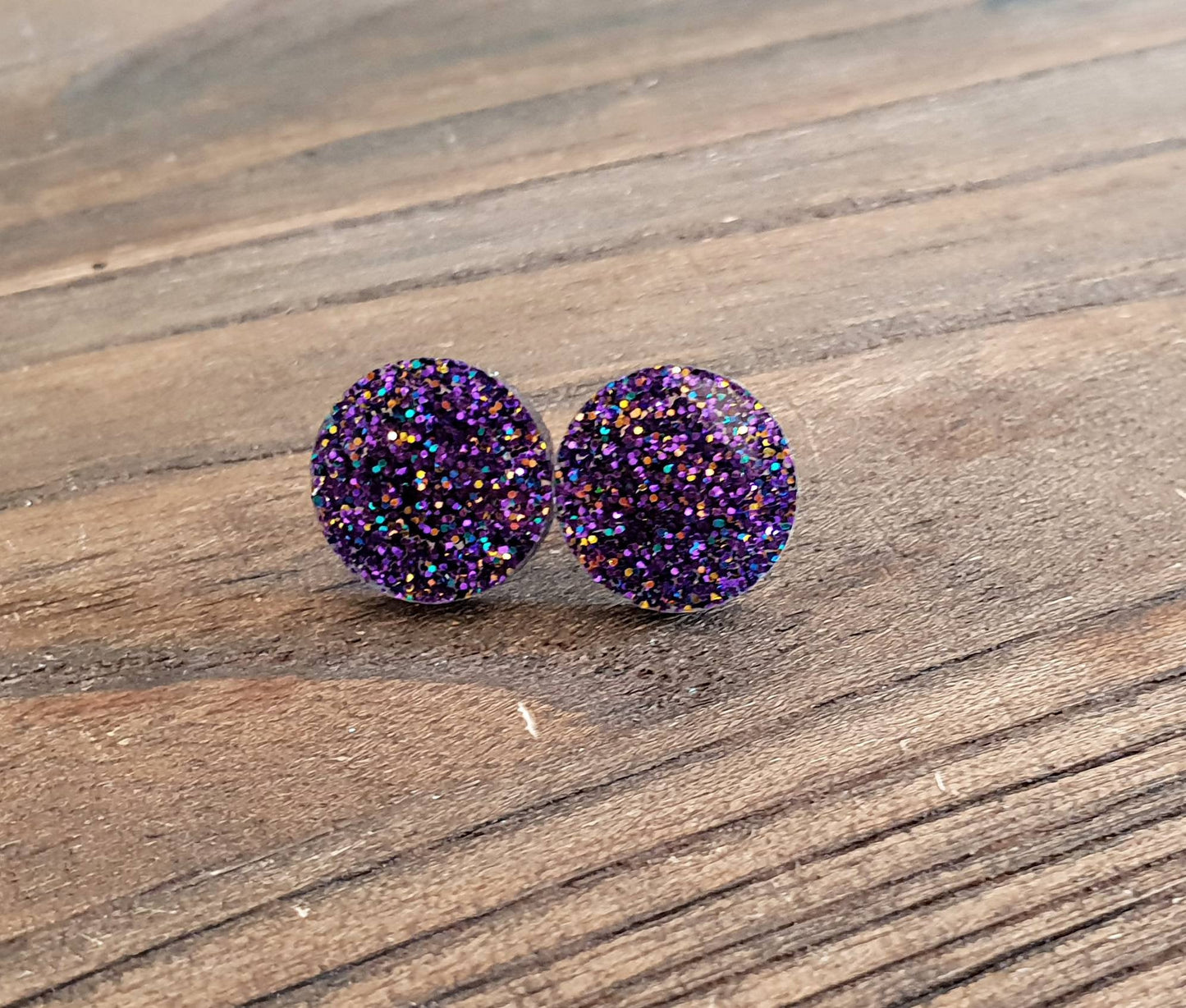 Purple Galaxy Glitter Circle Stud Earrings, Acrylic Earrings, Stainless Steel Earrings.