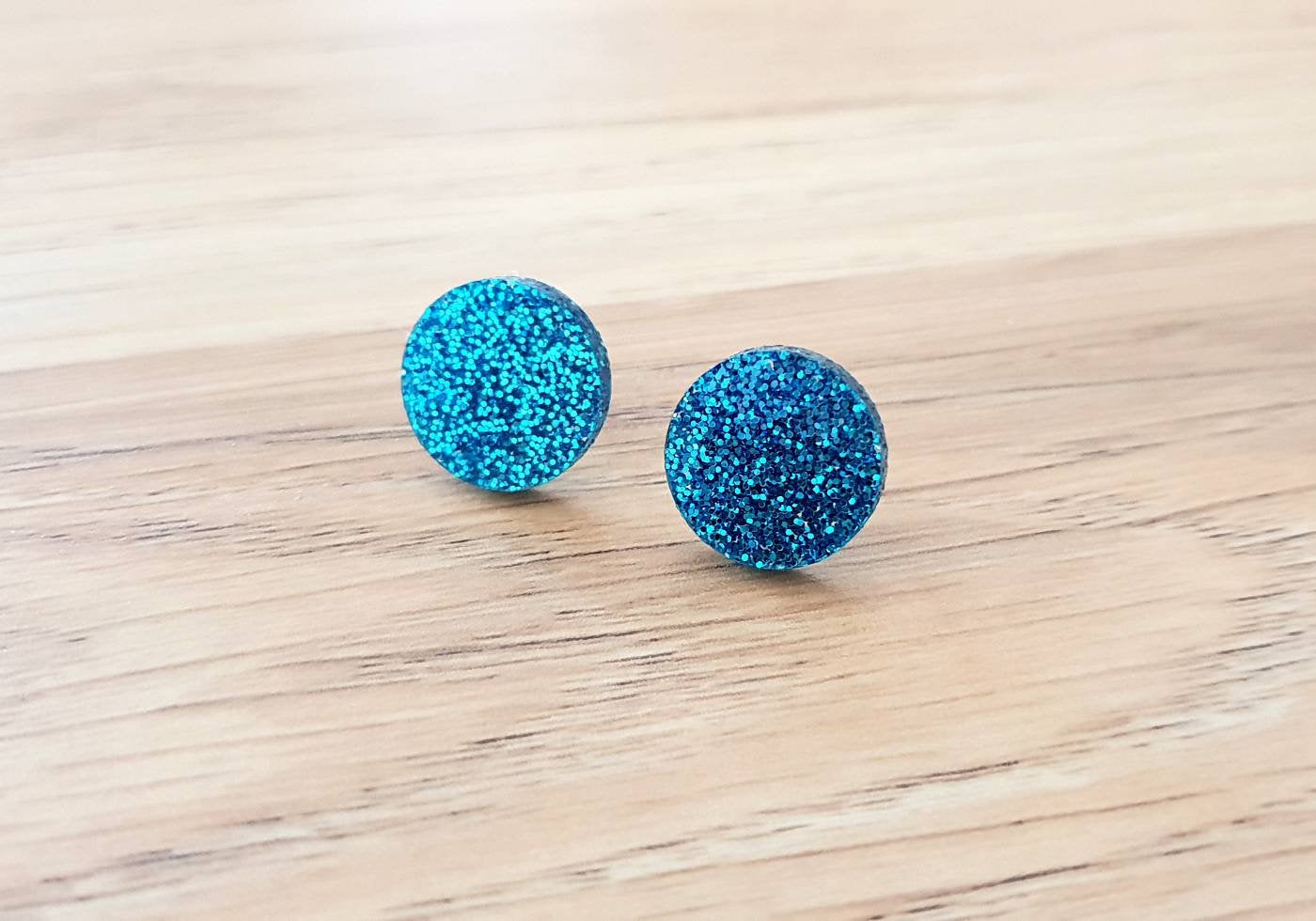 Aqua Blue Fine Glitter Circle Stud Earrings, Acrylic Earrings, Stainless Steel Earrings.