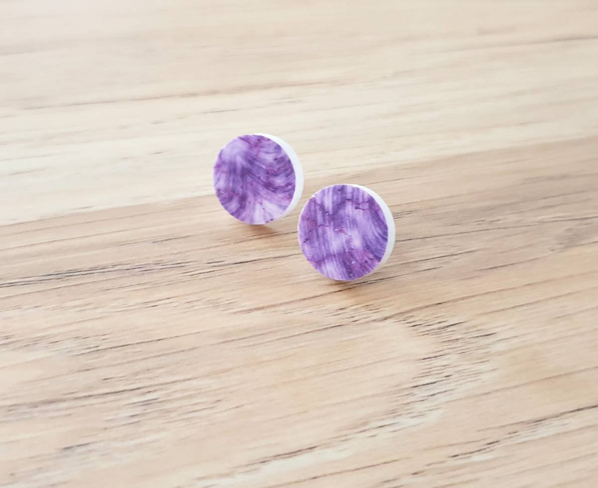 White Purple Circle Stud Earrings, Acrylic Earrings, Stainless Steel Earrings.