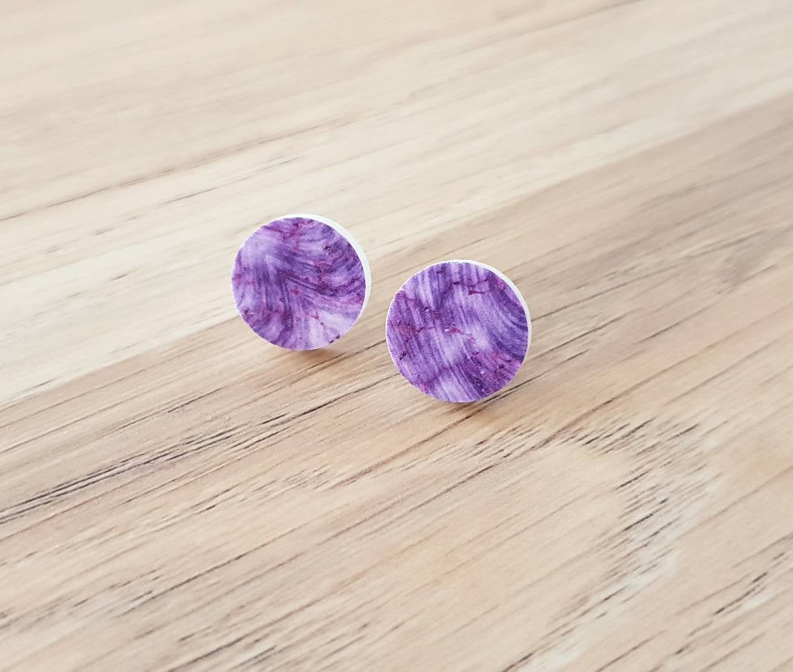 White Purple Circle Stud Earrings, Acrylic Earrings, Stainless Steel Earrings.