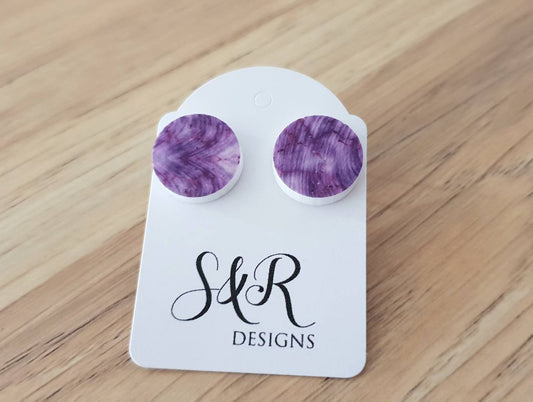 White Purple Circle Stud Earrings, Acrylic Earrings, Stainless Steel Earrings.