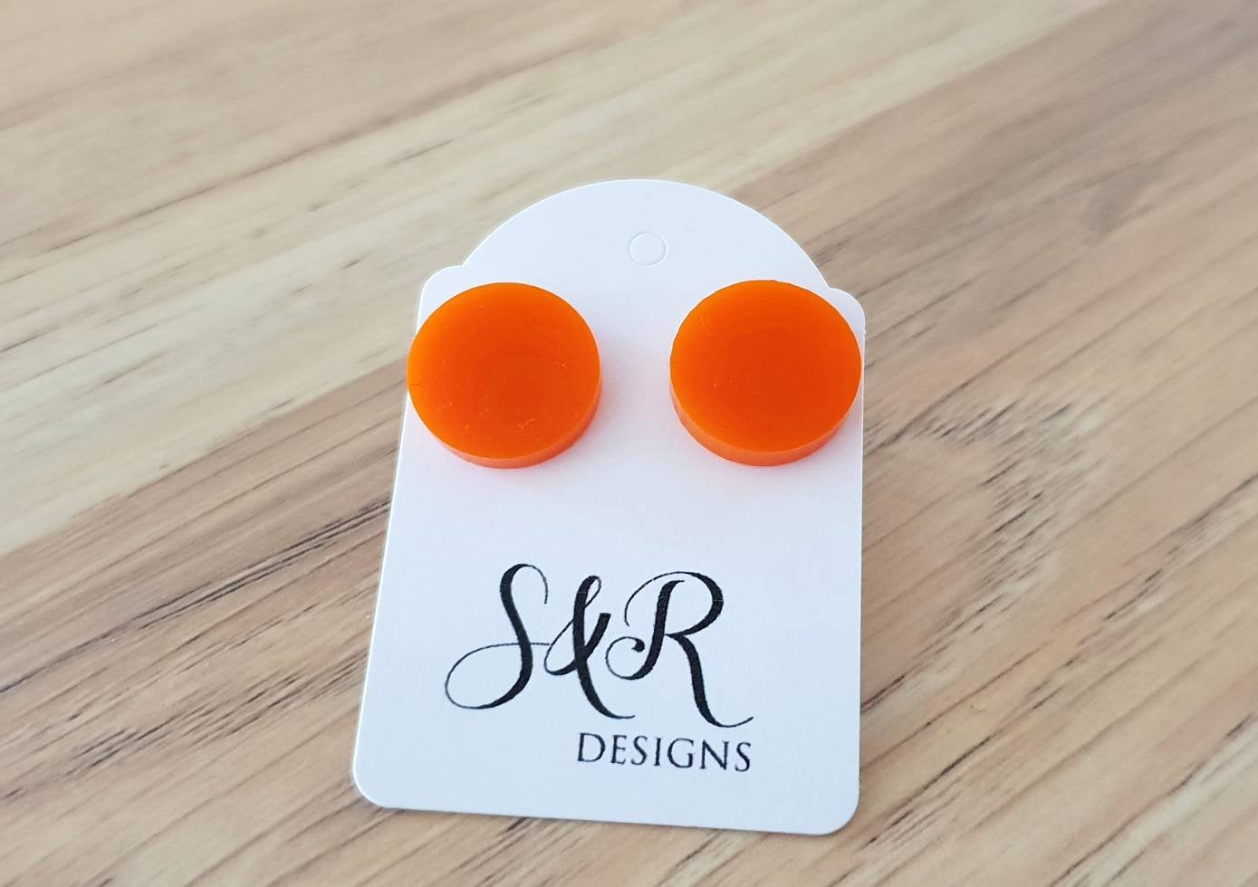 Orange Circle Stud Earrings, Acrylic Earrings, Stainless Steel Earrings.