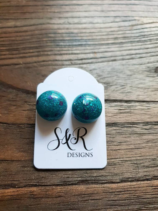 Resin Ball Stud earrings Teal Purple Silver Mix Earrings, stainless steel earrings 14mm