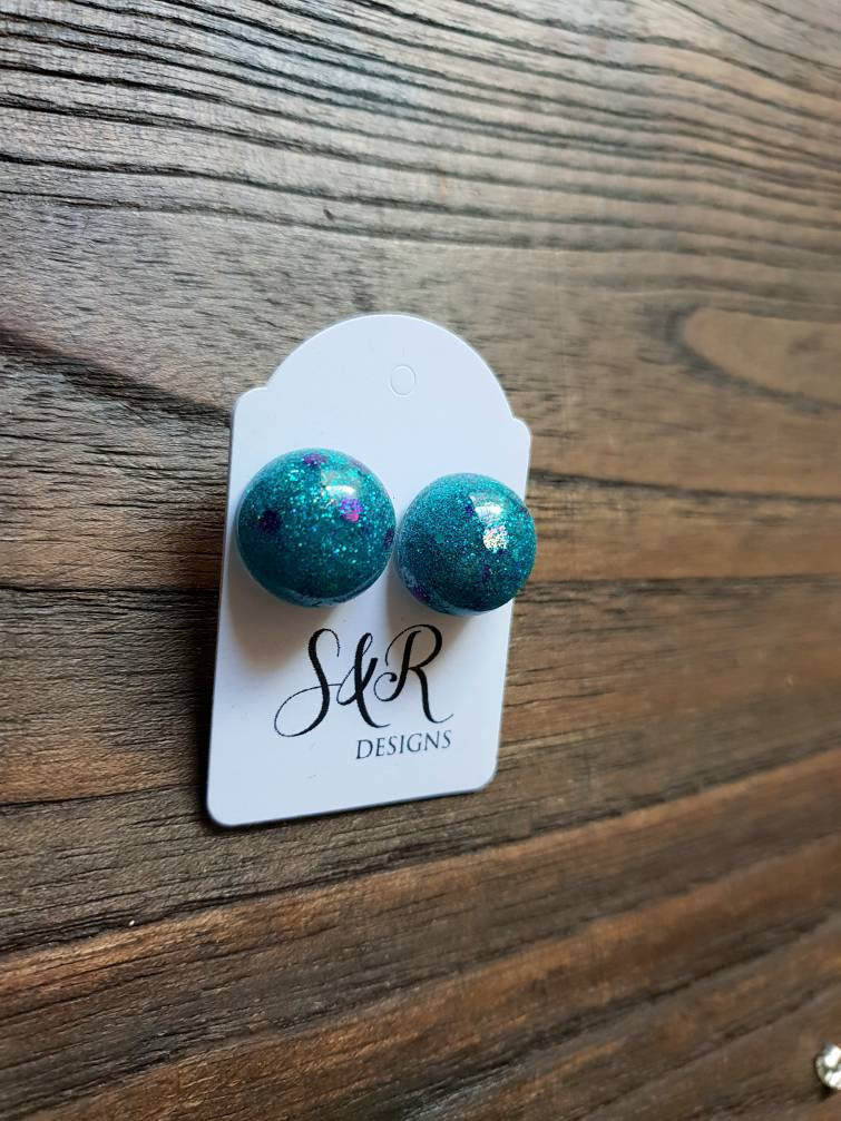 Resin Ball Stud earrings Teal Purple Silver Mix Earrings, stainless steel earrings 14mm