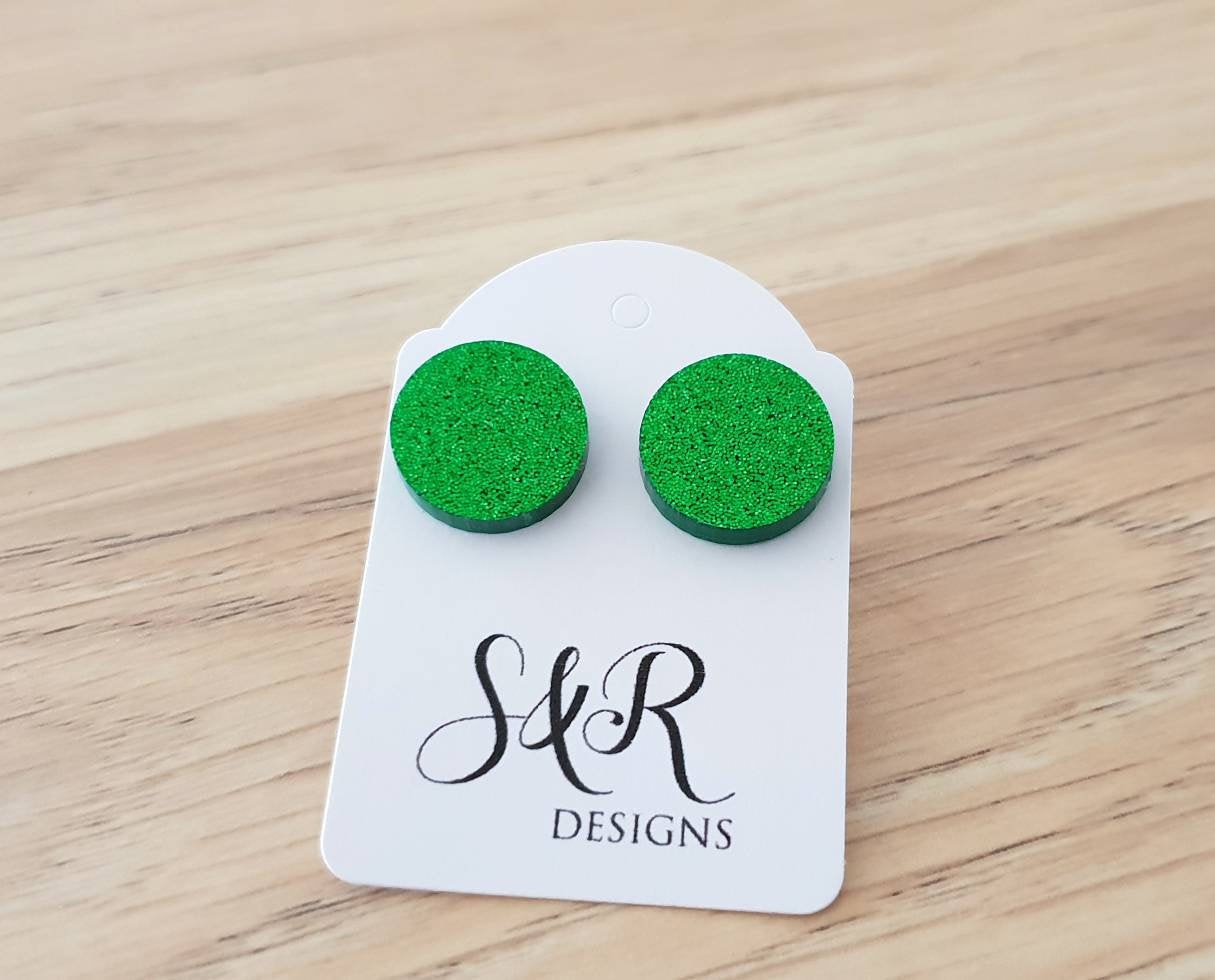 Grass Green Glitter Stud Earrings, Acrylic Earrings, Stainless Steel Earrings.