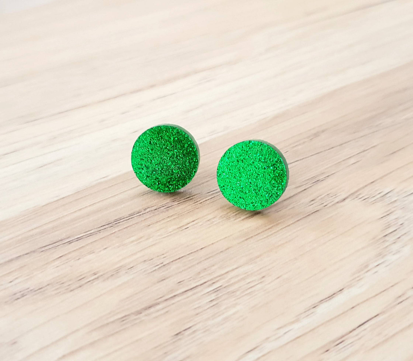 Grass Green Glitter Stud Earrings, Acrylic Earrings, Stainless Steel Earrings.