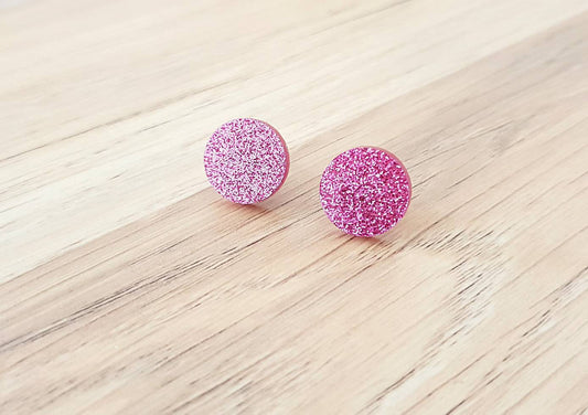 Rose Pink Glitter Stud Earrings, Acrylic Earrings, Stainless Steel Earrings.