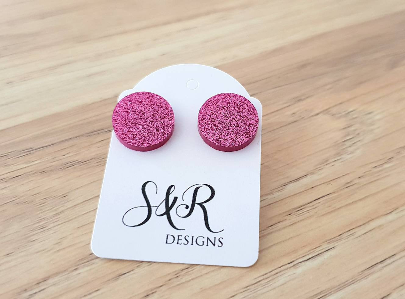 Rose Pink Glitter Stud Earrings, Acrylic Earrings, Stainless Steel Earrings.