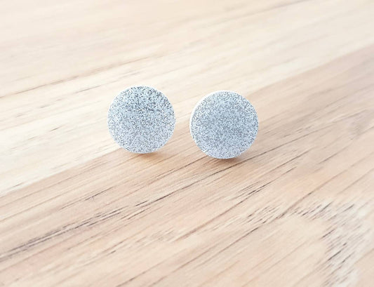 Silver Glitter Circle Stud Earrings, Acrylic Earrings, Stainless Steel Earrings.