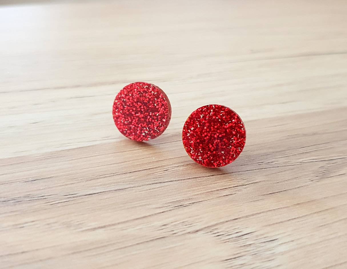 Red Glitter Circle Stud Earrings, Acrylic Earrings, Stainless Steel Earrings.