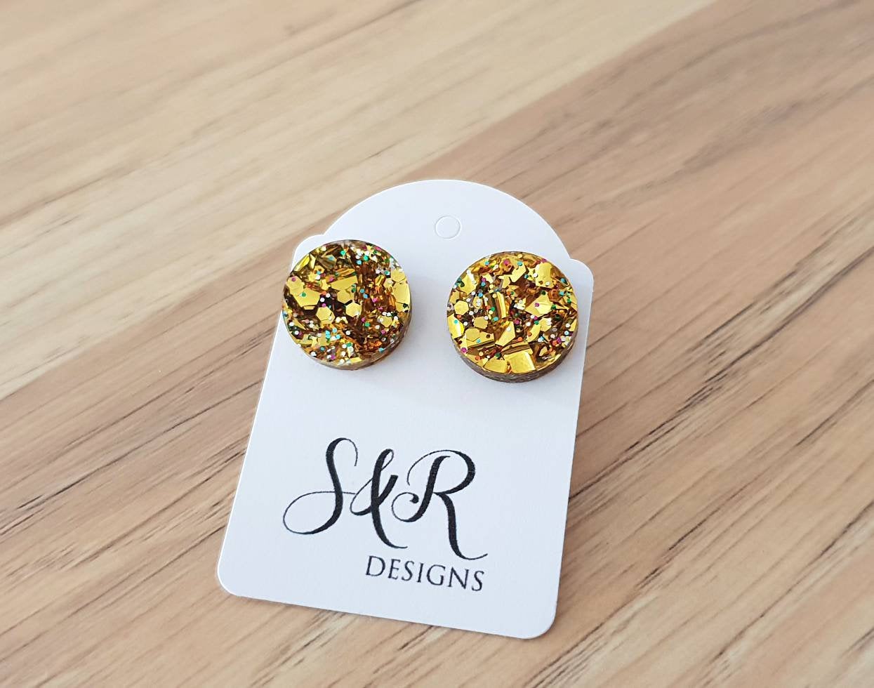 Gold Rainbow Chunky Glitter Circle Stud Earrings, Acrylic Earrings, Stainless Steel Earrings.