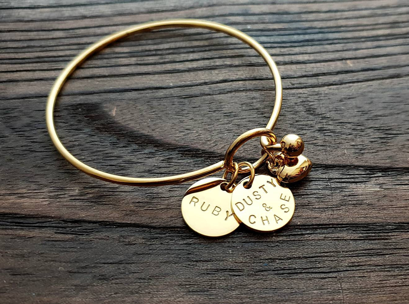Personalised Hand Stamped Bangle with Puffy Heart Charm, Personalised Disc