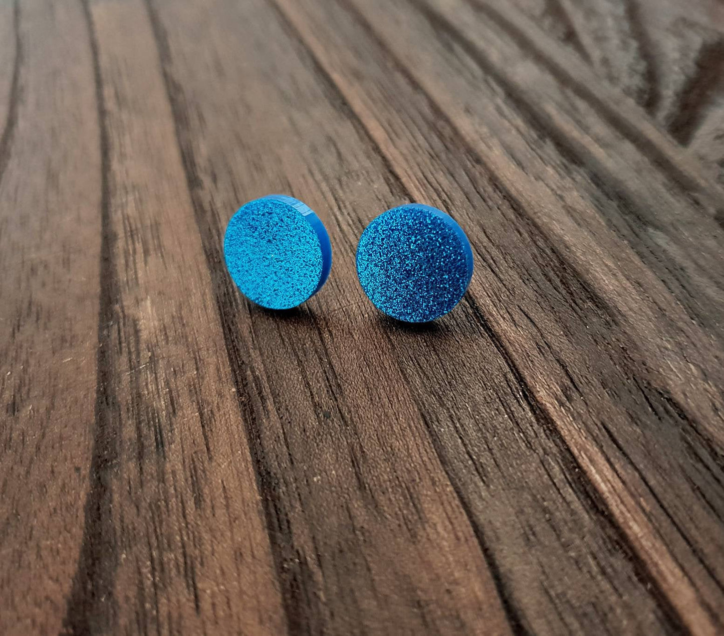 Blue Glitter Circle Stud Earrings, Acrylic Earrings, Stainless Steel Earrings.