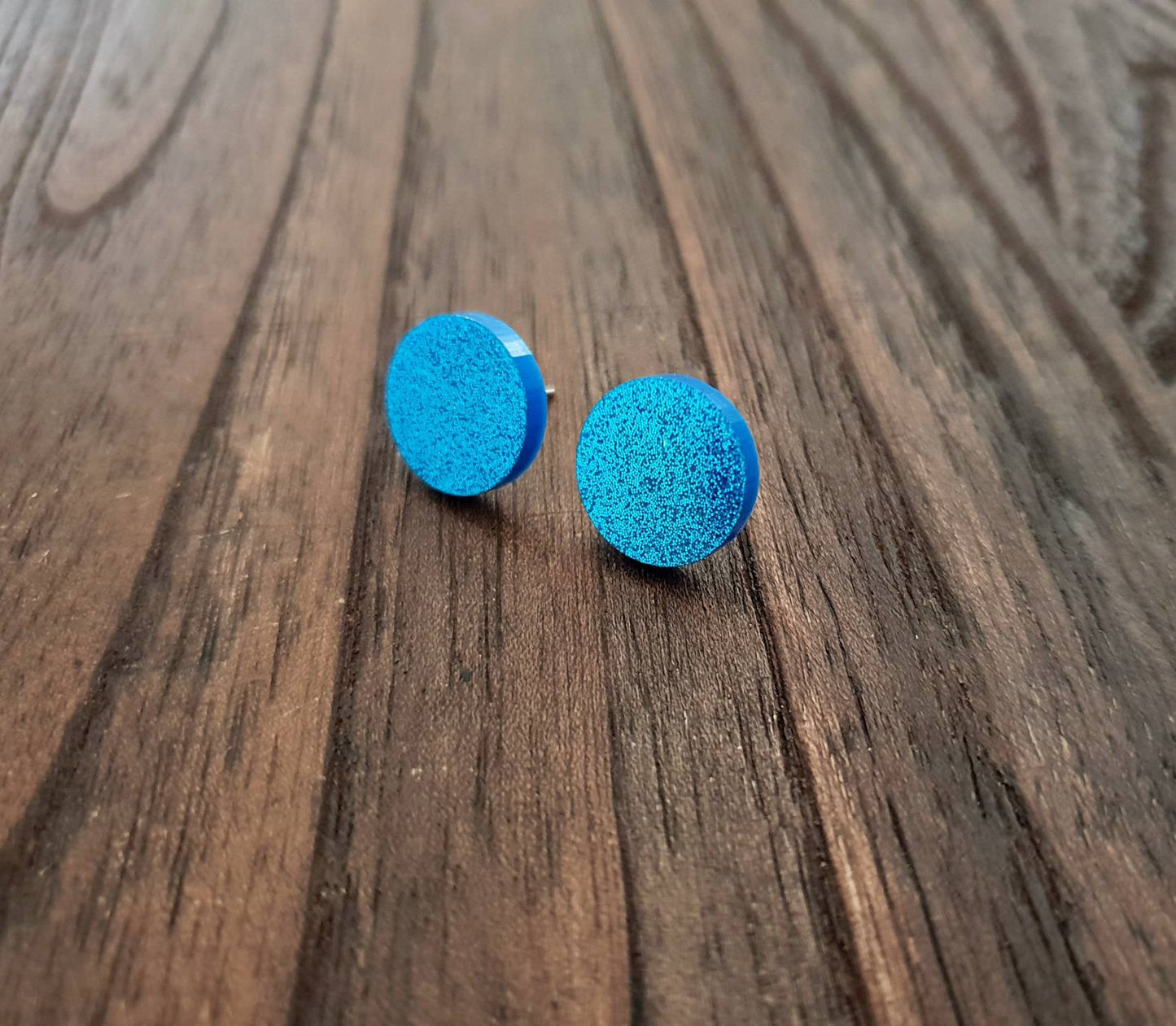 Blue Glitter Circle Stud Earrings, Acrylic Earrings, Stainless Steel Earrings.