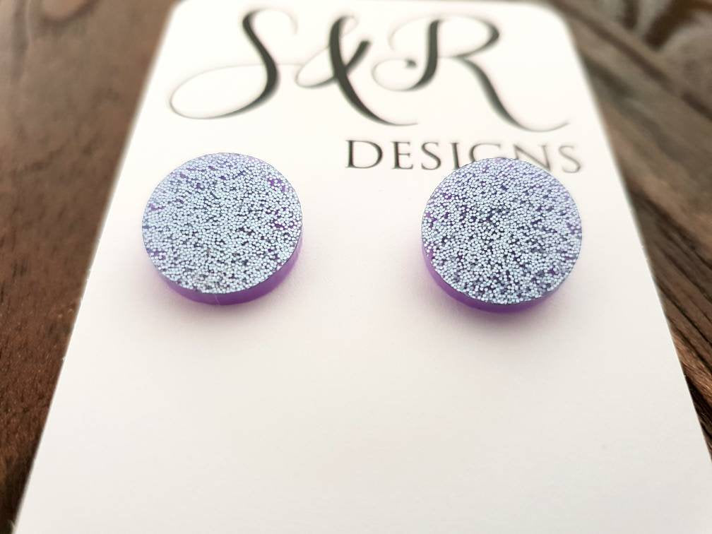 Light Purple Glitter Circle Stud Earrings, Acrylic Earrings, Stainless Steel Earrings.