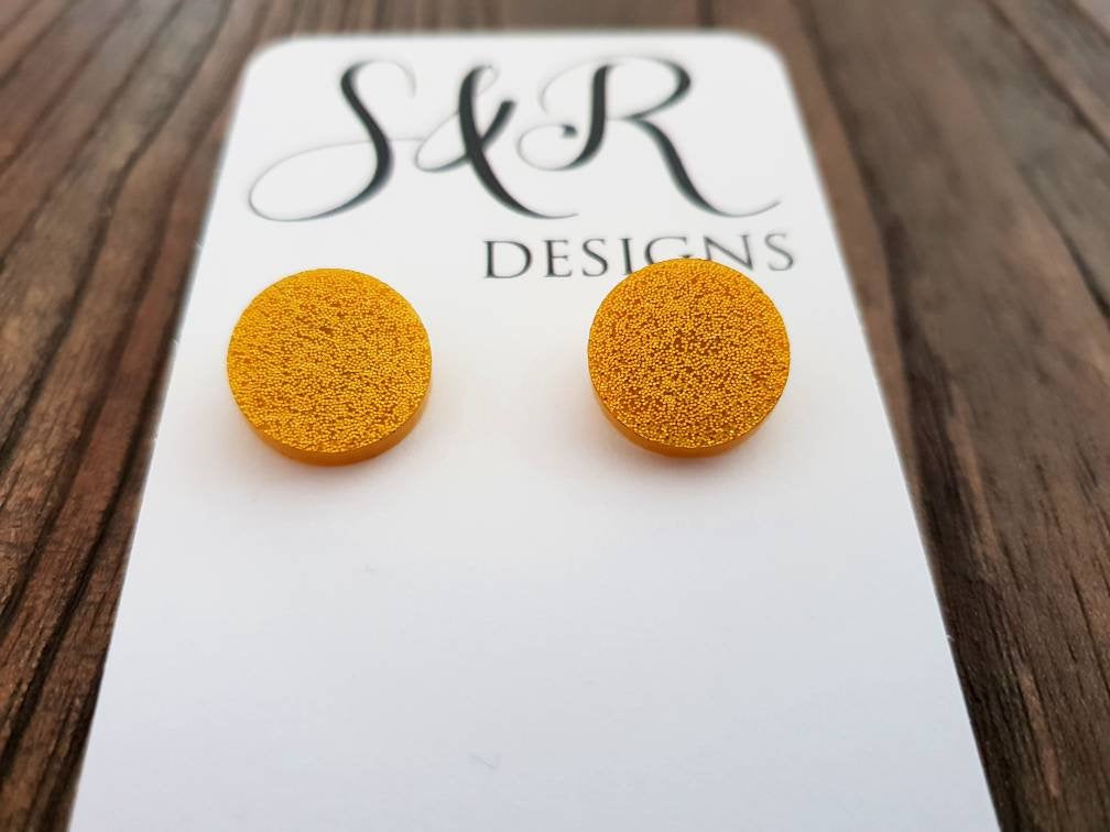 Gold Glitter Circle Stud Earrings, Acrylic Earrings, Stainless Steel Earrings.