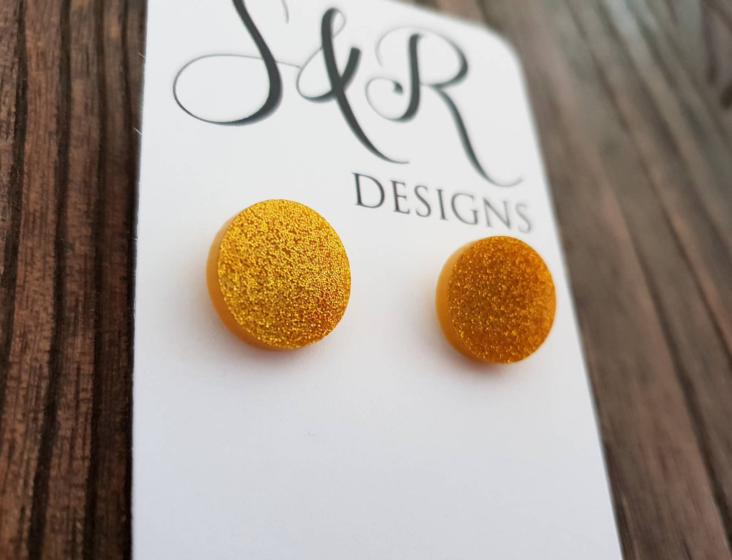 Gold Glitter Circle Stud Earrings, Acrylic Earrings, Stainless Steel Earrings.