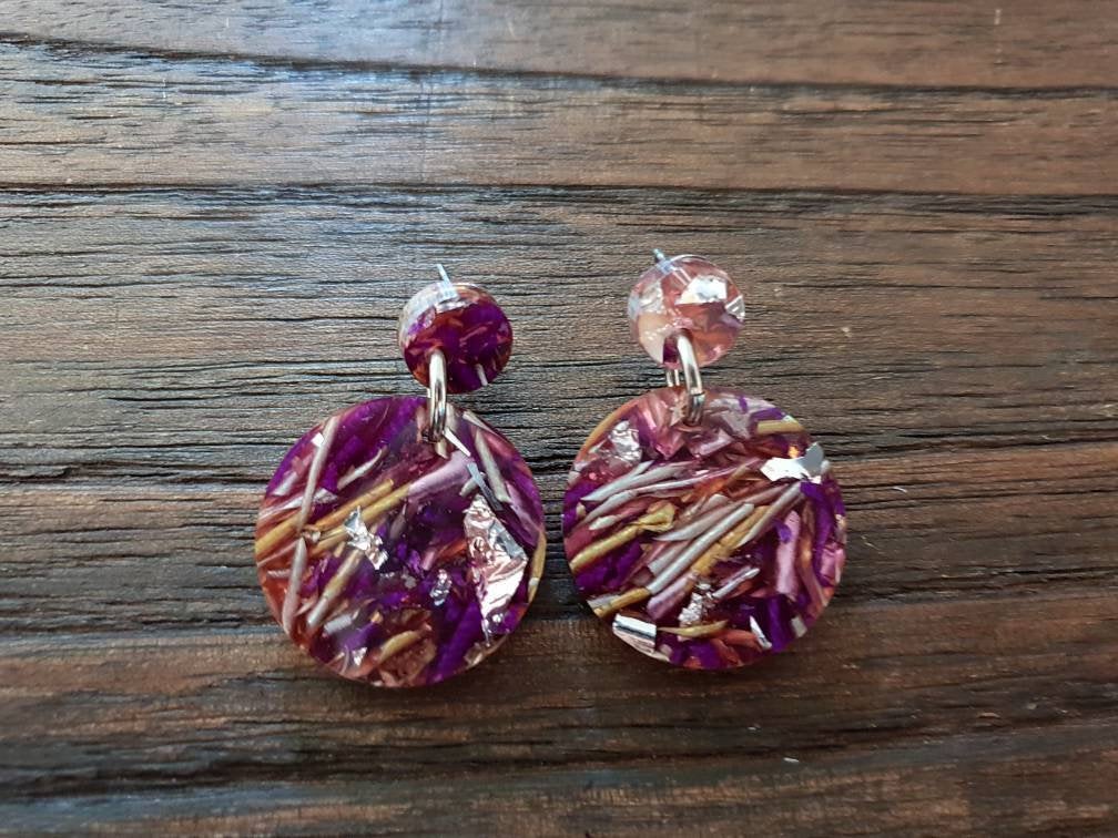 Statement Circle Long Earrings, Purple Silver Gold Leaf Mix Earrings, Acrylic Earrings, Stainless Steel Earrings. Choose from 6 sizes
