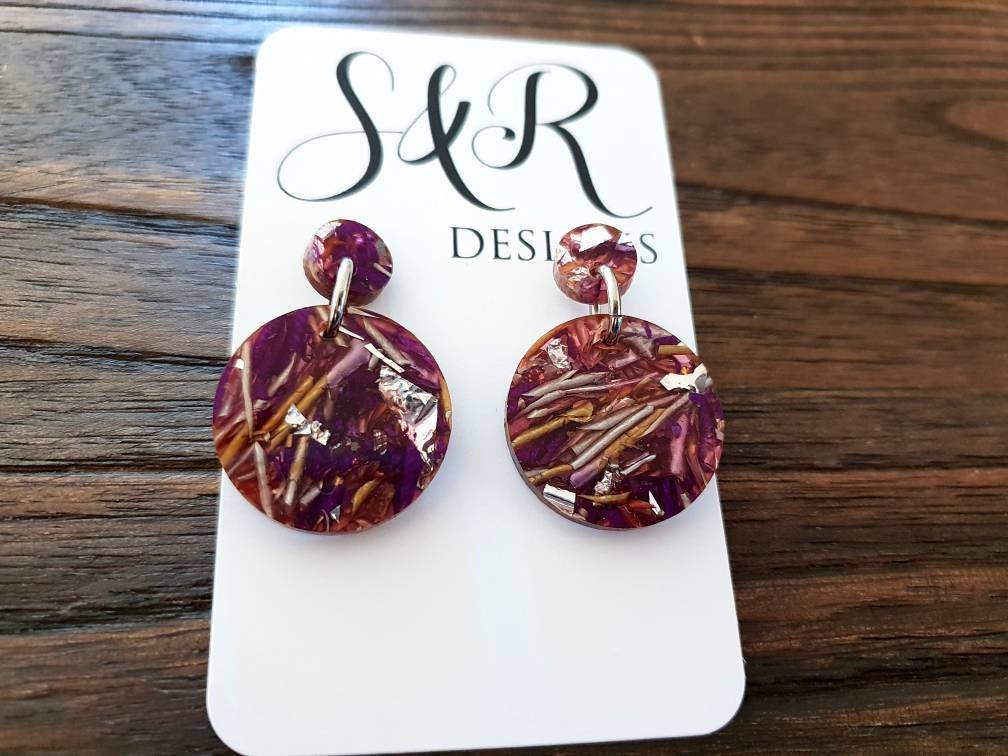 Statement Circle Long Earrings, Purple Silver Gold Leaf Mix Earrings, Acrylic Earrings, Stainless Steel Earrings. Choose from 6 sizes