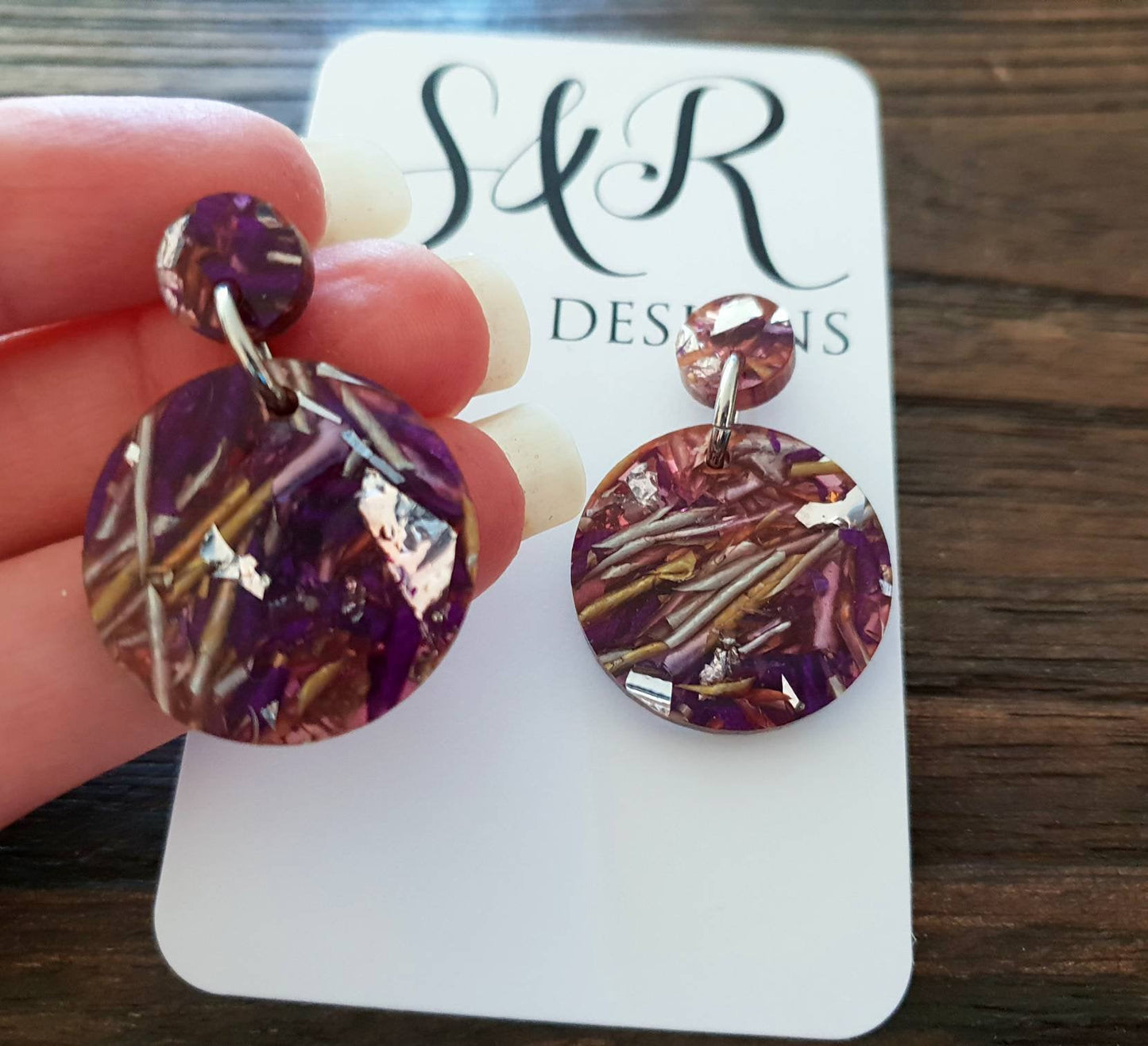 Statement Circle Long Earrings, Purple Silver Gold Leaf Mix Earrings, Acrylic Earrings, Stainless Steel Earrings. Choose from 6 sizes