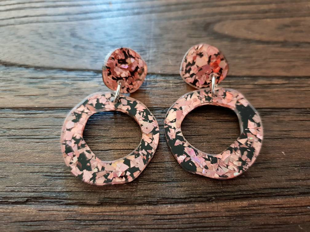 Statement Asymmetric Organic Circle Rose Gold Black Acrylic Dangle Earrings