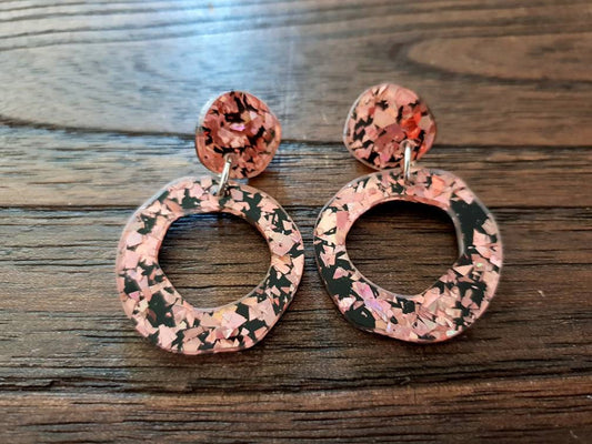 Statement Asymmetric Organic Circle Rose Gold Black Acrylic Dangle Earrings