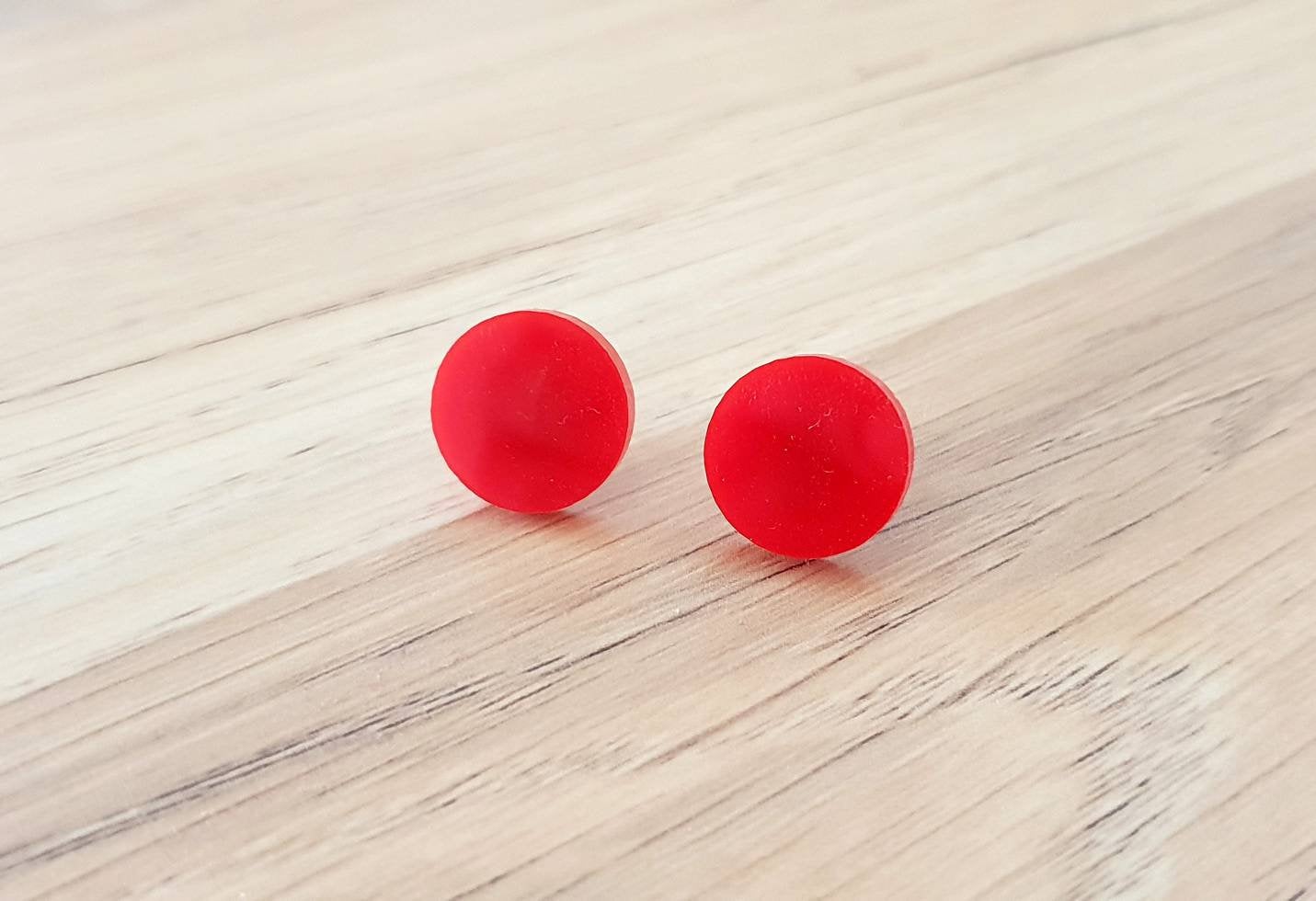 Red Circle Stud Earrings, Acrylic Earrings, Stainless Steel Earrings.
