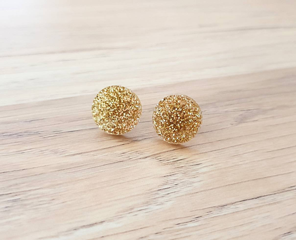 Gold Fine Glitter Circle Stud Earrings, Acrylic Earrings, Stainless Steel Earrings.