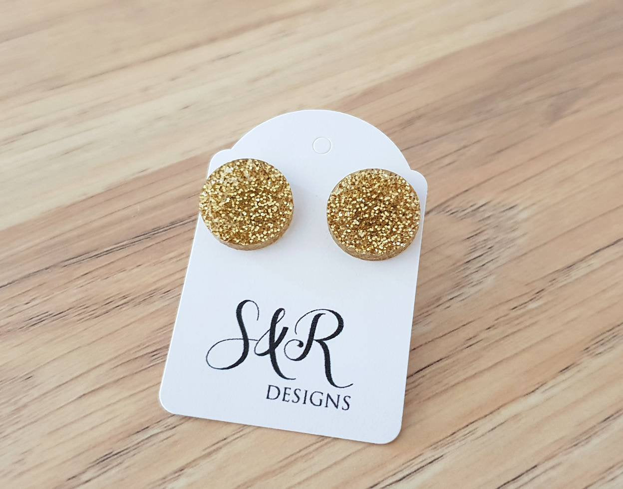 Gold Fine Glitter Circle Stud Earrings, Acrylic Earrings, Stainless Steel Earrings.